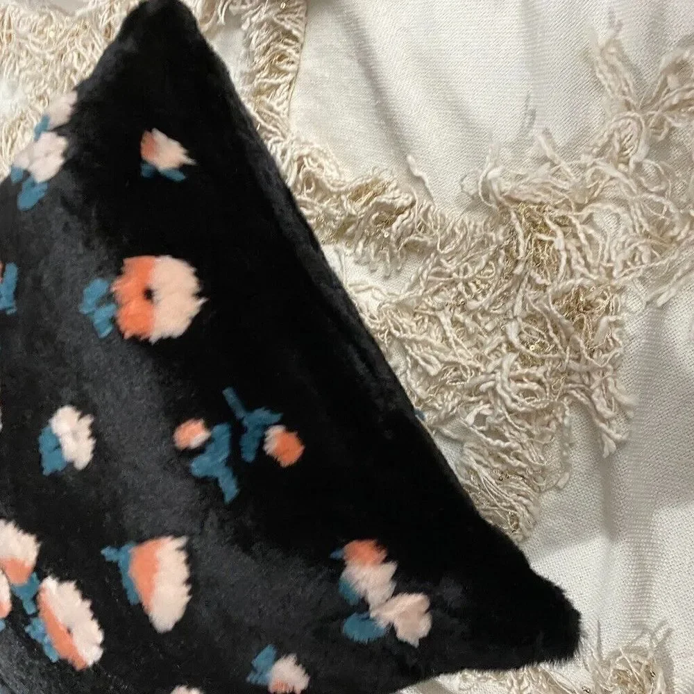Anthropologie Flora Faux Fur Pillow Black Floral Pattern 20